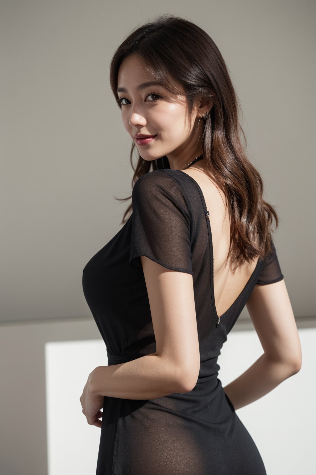 Best quality, raw photo, photorealism, lifelike rendering, (upper body portrait:1.2), photo of beautiful korean woman, mid-twenty, kpop idol, medium dark brown hair, double eyelids, glossy plump lips, dark brown eyes, natural medium-large breasts, high hips, pale skin, daily outfit, chiffon dress, sharp focus, look back, seductive face, sexy eyes, seducing smile, look at viewer, from behind below, thighs focus, detailed eyes and facial, detailed real skin texture, detailed fabric rendering, natural soft daylight, ray tracing 