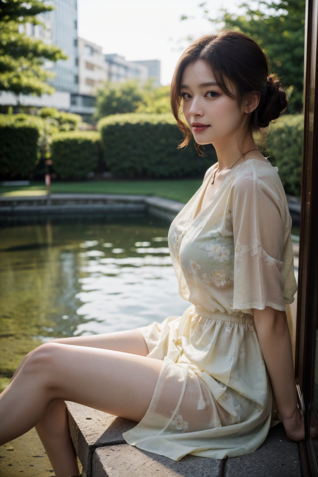(Best quality, 8k, 32k, Masterpiece, Photorealism, UHD:1.2),Photo of Pretty Japanese woman, early-twenty, MZ, (medium dark brown updo hair), double eyelids, glossy plump lips, medium breasts, long-legged, curvy figure, pale skin, detailed black Celluloid thick frame glasses, necklace with tiny charm, yellow sheer chiffon short sleeve floral loose knee length dress, transparent fabric, matte pumps heels, huge flower park, outdoor, voluminous lighting, sharp focus, stunning, alluring face, enchanting smile, look at viewer, delicate lights and shadows, from front below, knees focus, depth of field, ray tracing, detailed eyes and facial, detailed real skin texture, detailed fabric rendering, detailed details, epiC35mm,epiC35mm