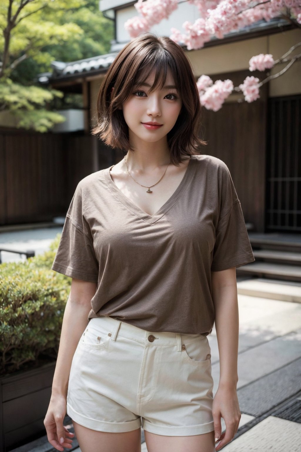(Best quality, 8k, 32k, Masterpiece, UHD:1.2), RAW photo, Photo of Pretty Japanese woman, 1girl, judy, (medium-short dark brown outward hair), double eyelids, (head_scale:0.7),natural saggy medium breasts, wide hips, long-legged, thick body, tall stature, pale skin, detailed real skin texture, necklace, T-shirt, casual short, outdoor, natural daylight, Japan Zen Garden, models like posing, enchanting smile, sexy face, look at viewer, from below, street snaps, ray tracing, medium-short hair, detailed eyes, detailed facial, ultra detailed skin texture, detailed fabric rendering, detailed details 