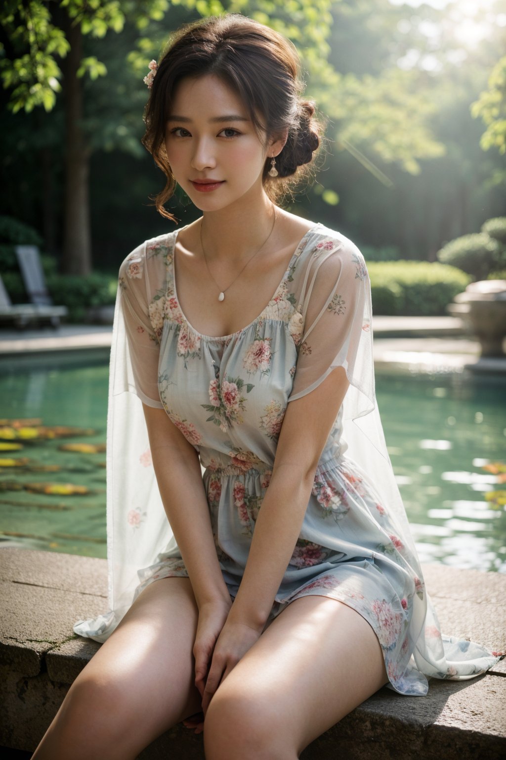 (Best quality, 8k, 32k, Masterpiece, Photorealism, UHD:1.2),Photo of Pretty Japanese woman, early-twenty, MZ, (medium dark brown updo hair), double eyelids, glossy plump lips, medium breasts, long-legged, curvy figure, pale skin, detailed black Celluloid thick frame glasses, necklace, sheer chiffon short sleeve floral loose knee length dress, transparent fabric, matte pumps heels, huge flower park, outdoor, voluminous lighting, tons of vibrant colors flowers, sharp focus, stunning, alluring face, enchanting smile, look at viewer, delicate lights and shadows, from front below, knees focus, depth of field, ray tracing, detailed eyes and facial, detailed real skin texture, detailed fabric rendering, detailed details, epiC35mm,epiC35mm