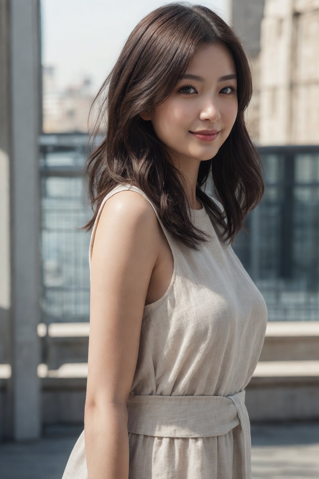 (Best quality, raw photo, photorealism, UHD:1.2),Photo of Pretty Japanese woman, 1woman, (medium-short dark brown hair), double eyelids, perfect round medium breasts, model like figure, fair complexion, daily outfit, thin linen sleeveless loose dress, raw color, from below, stunningly beautiful face and (curvy:0.7) body, seducing smile, look at camera, waist focus, detailed eyes and facial, detailed real skin texture and hair, detailed fabric rendering, natural soft daylight, ray tracing,