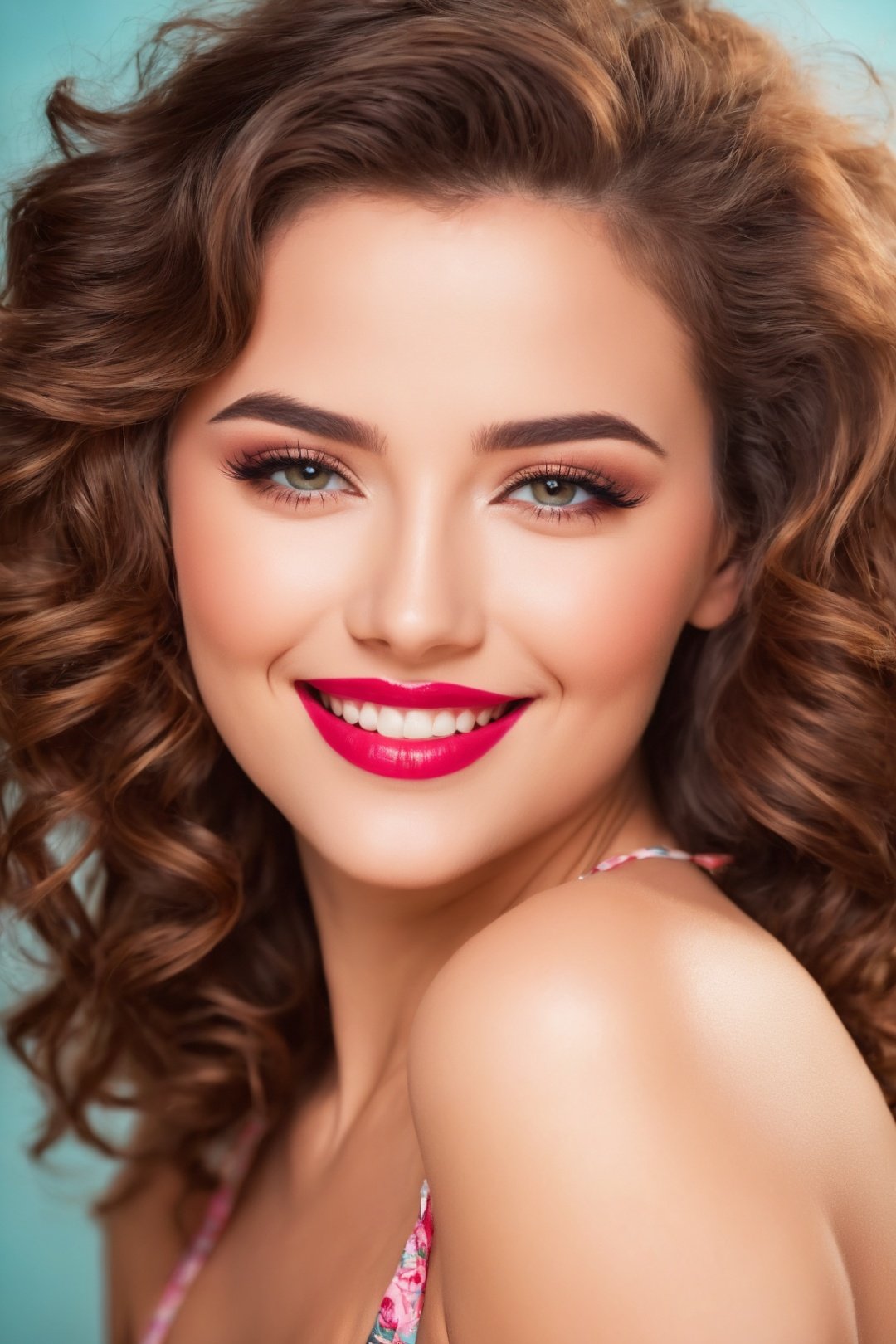 (best quality,highres),sexy woman,cute smile,detailed eyes,detailed lips,loose wavy hair,rosy cheeks,flawless skin,vibrant personality,alluring gaze,pin-up style makeup,stunning beauty,feminine charm,radiant smile,sultry expression,confident posture,portrait,soft lighting,vivid colors