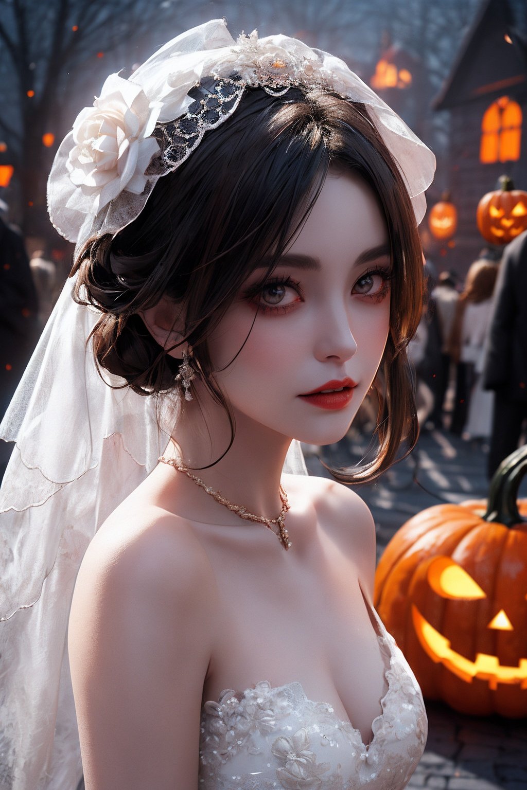  Halloween carnival night, Ghost bridal makeup, Crisp white wedding dress, Perfect for battle damage, True photography style, Bat and ghost fire, Pumpkin background, Epic picture, Face the camera, Whole body, Close-up, Realism, Super detail, 16K, HD, xinniang