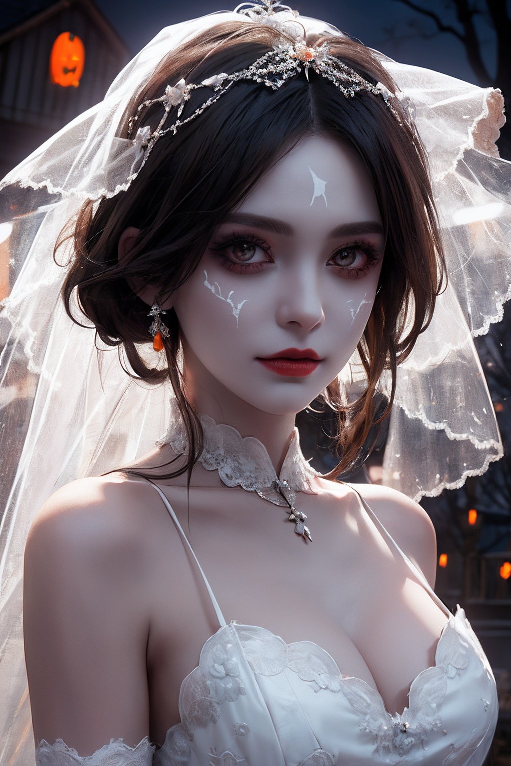  Halloween Makeup , Halloween carnival night, Ghost bridal makeup, Crisp white wedding dress, Perfect for battle damage, True photography style, Bat and ghost fire, Pumpkin background, Epic picture, Face the camera, Whole body, Close-up, Realism, Super detail, 16K, HD, xinniang, yan