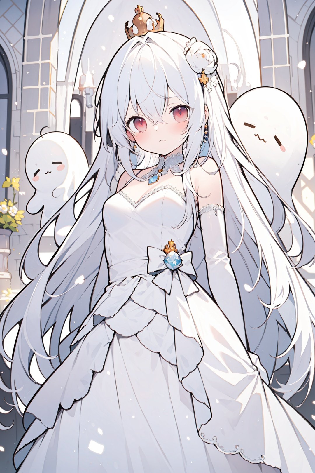  (best quality), ((masterpiece)), (highres),standing,original, extremely detailed wallpaper,crown,gradient hair,(an extremely delicate and beautiful),(loli),(petite),white hair,bangs,ahoge,hair flowing over,curly hair,long hair, Terror and sadness,  A pale white wedding dress, white ghost, white mist,