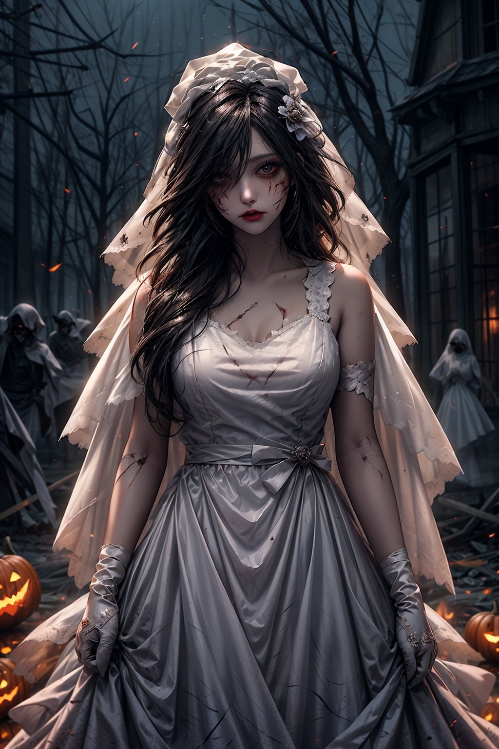  Halloween carnival night, Ghost bridal makeup, Crisp white wedding dress, Perfect for battle damage, True photography style, Bat and ghost fire, Pumpkin background, Epic picture, Face the camera, Whole body, Close-up, Realism, Super detail, 16K, HD, xinniang