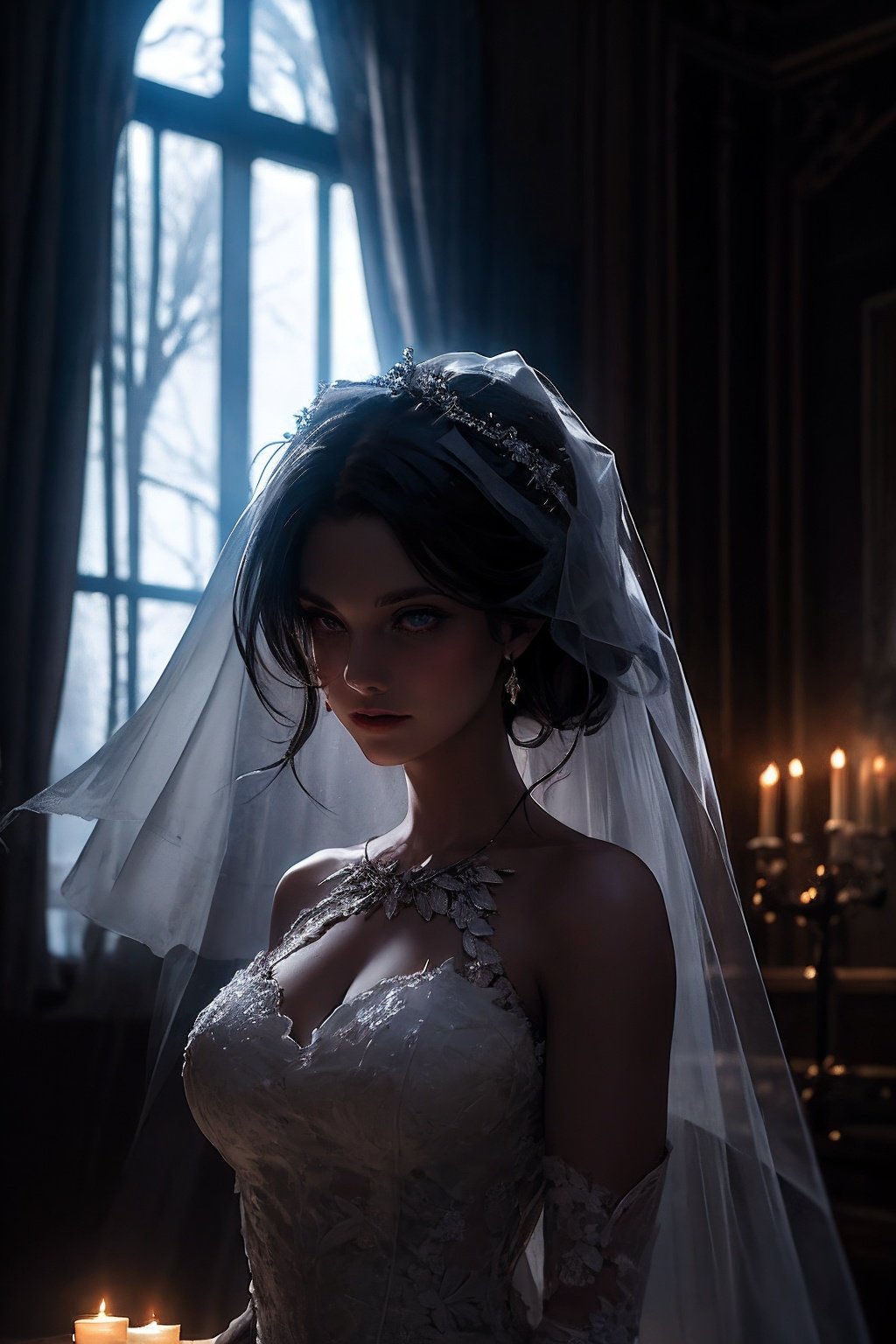  ((masterpiece:1.5), ((best quality:1.5)), 8k, high detailed,) a chilling scene of a ghost bride suddenly appearing before your eyes, detailed depiction of her eerie wedding attire, the surrounding atmosphere filled with an eerie silence, the scene taking place in a dark, abandoned mansion with cobwebs and dust covering every corner, a dimly lit candelabra on a nearby table casting eerie shadows on the walls, the bride's face hidden beneath a veil, her eyes wide with terror, a cold breeze causing the curtains to sway gently, adding to the sinister ambiance.