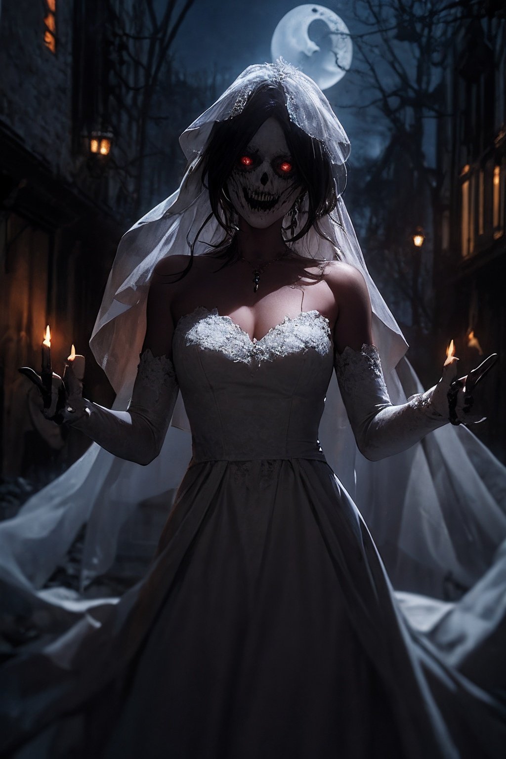  ((masterpiece)), ((best quality)), 8k, high detailed, a ghost bride, a terrifying moment, eerie atmosphere, ghastly appearance, skeleton-like figure, decomposing flesh, putrid smell, cobwebs, dim lighting, old mansion, cobblestone path, overgrown garden, decrepit walls, gnarled trees, full moon, eerie shadows, sinister grin, decaying wedding dress, tattered veil, jagged teeth, empty eye sockets, floating through the air, reaching out with bony hands, screams of terror, despair, and anguish, cold and lifeless eyes, a chilling breeze, the sound of distant howling