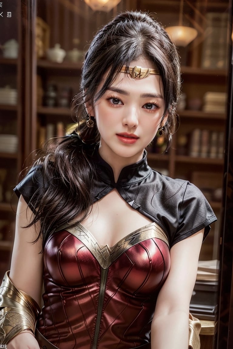 (masterpiece,best quality,ultra-detailed,8K,intricate, realistic),girl in photo studio,23yo,smile,dishelved black ponytail,earrings,jewelry,upper body,(red) polo shirt on top,(colorful),rembrandt lighting,wonder_woman,song-hyegyo