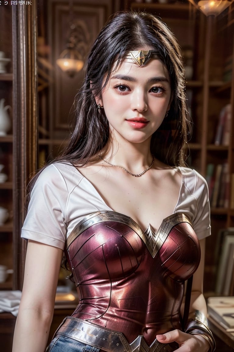 (masterpiece,best quality,ultra-detailed,8K,intricate, realistic),girl in photo studio,23yo,smile,dishelved black hair,earrings,jewelry,upper body,(pink) polo shirt on top,(colorful),rembrandt lighting,wonder_woman,song-hyegyo