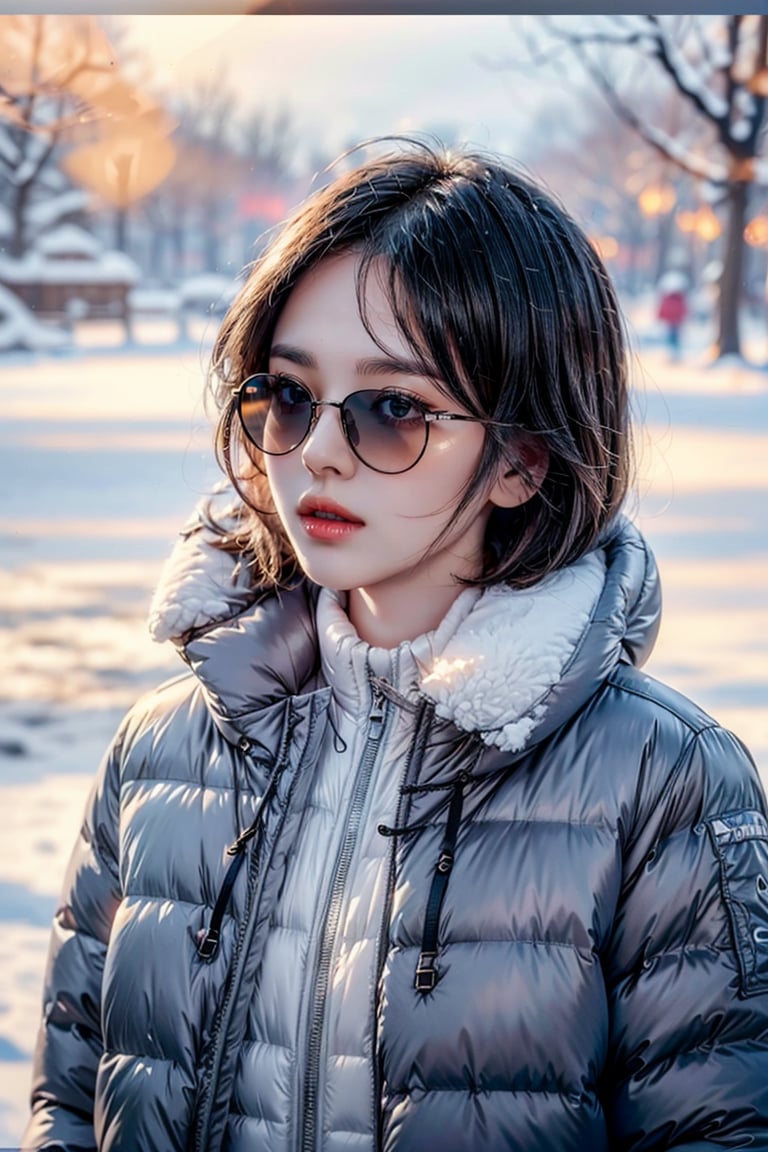 (masterpiece, best quality, ultra-detailed, 8K),beautiful girl standing in snow park,bobcut,(close-up on face),sunglasses,(blue winter jacket),(colorful),cinematic lighting,song-hyegyo