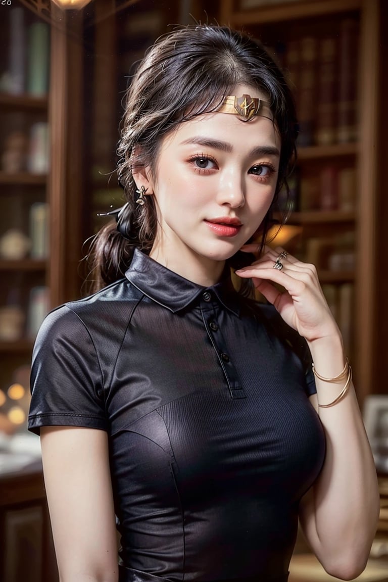 (masterpiece,best quality,ultra-detailed,8K,intricate, realistic),girl in photo studio,23yo,smile,dishelved black ponytail,earrings,jewelry,upper body,(blue) polo shirt on top,(colorful),rembrandt lighting,wonder_woman,song-hyegyo