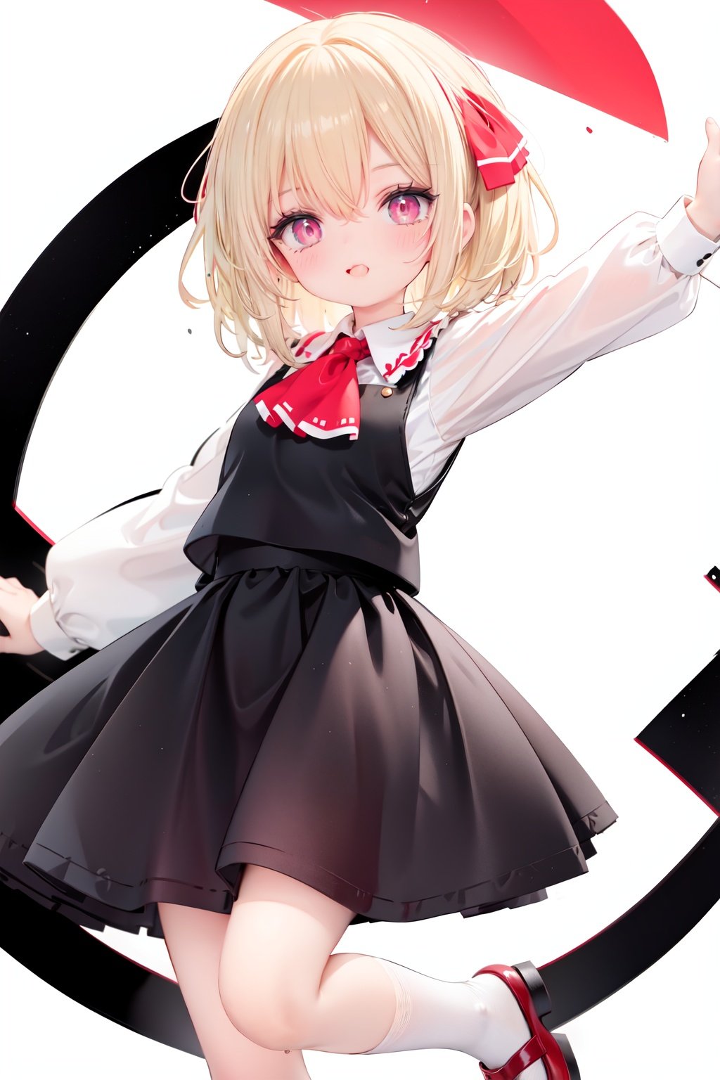  1girl, rumia, blonde hair, solo, white background, red eyes, red footwear, simple background, ascot, short hair, ribbon, open mouth, hair ribbon, smile, long sleeves, shirt, looking at viewer, red ascot, white socks, white shirt, red ribbon, shoes, socks, frills, bangs, outstretched arms, hair between eyes, skirt, :d, dress, vest, mary janes, black dress, black skirt, collared shirt, black vest, blush