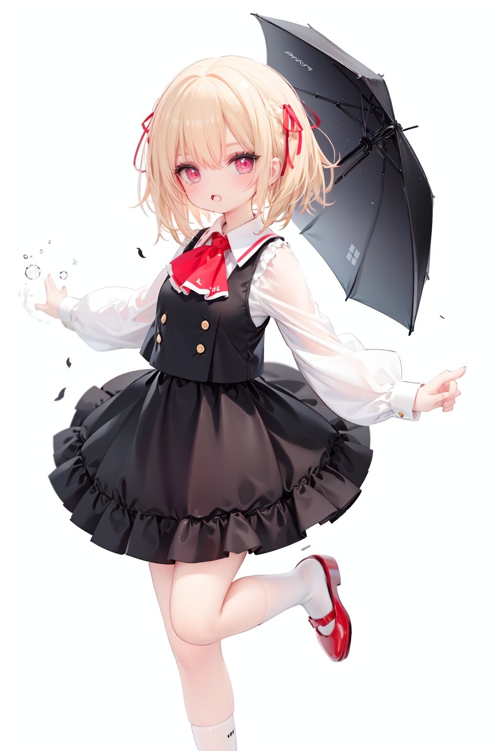  1girl, rumia, blonde hair, solo, white background, red eyes, red footwear, simple background, ascot, short hair, ribbon, open mouth, hair ribbon, smile, long sleeves, shirt, looking at viewer, red ascot, white socks, white shirt, red ribbon, shoes, socks, frills, bangs, outstretched arms, hair between eyes, skirt, :d, dress, vest, mary janes, black dress, black skirt, collared shirt, black vest, blush