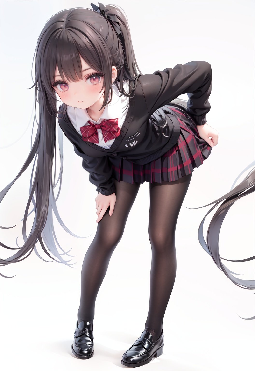  1girl, solo, pantyhose, skirt, long hair, loafers, shoes, simple background, school uniform, brown eyes, plaid, black pantyhose, plaid skirt, looking at viewer, black hair, pantyhose pull, full body, clothes pull, black footwear, pleated skirt, leaning forward, bangs, long sleeves, bent over, cardigan, bow, bowtie, standing, closed mouth, pulled by self, grey background, blush, miniskirt, red bow, sweater, undressing