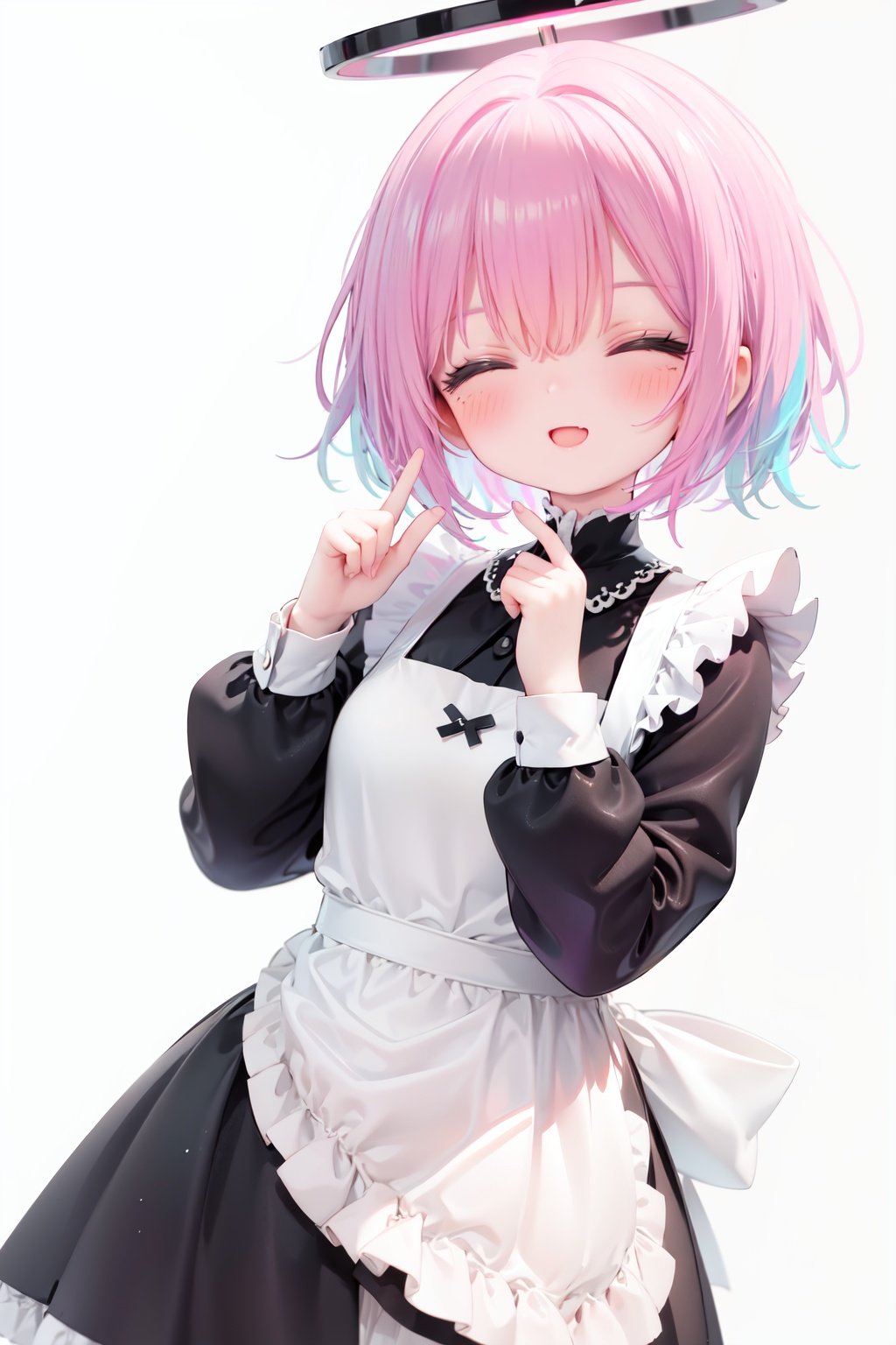  1girl, solo, apron, halo, hair over one eye, closed eyes, smile, white background, dress, white apron, simple background, long sleeves, multicolored hair, braid, open mouth, blue hair, alternate costume, blush, bangs, :d, pink hair, black dress, ribbon, frilled dress, enmaided, short hair, hand up, colored inner hair