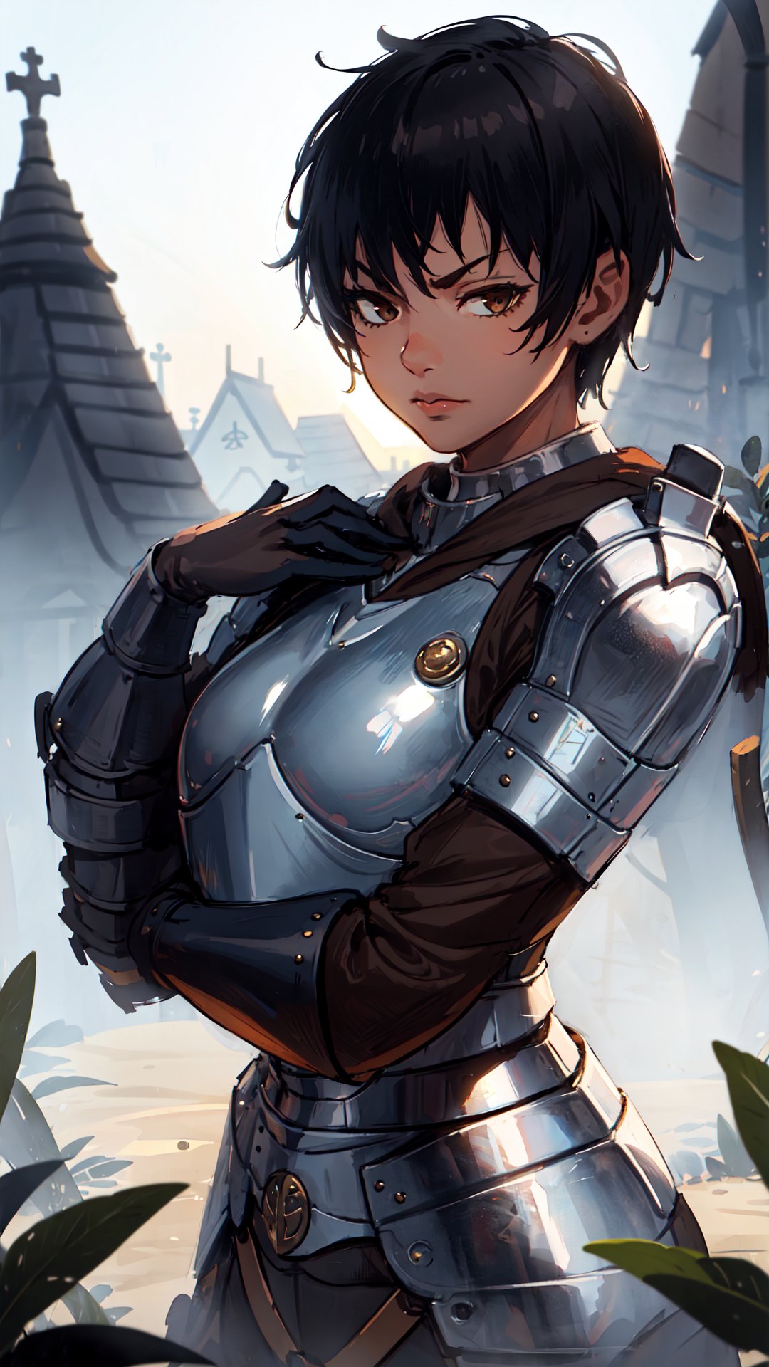 casca \(berserk\),  1girl,  brown eyes,  brown skin,  serious,  ((wearning a warrior armor)),  perfect face,  looking at viewer,  ultra detailed,  masterpiece,  best quality,  ((beaultiful village background)),  sexy pose, EpicArt, High detailed , realhands, <lora:EMS-68808-EMS:0.800000>