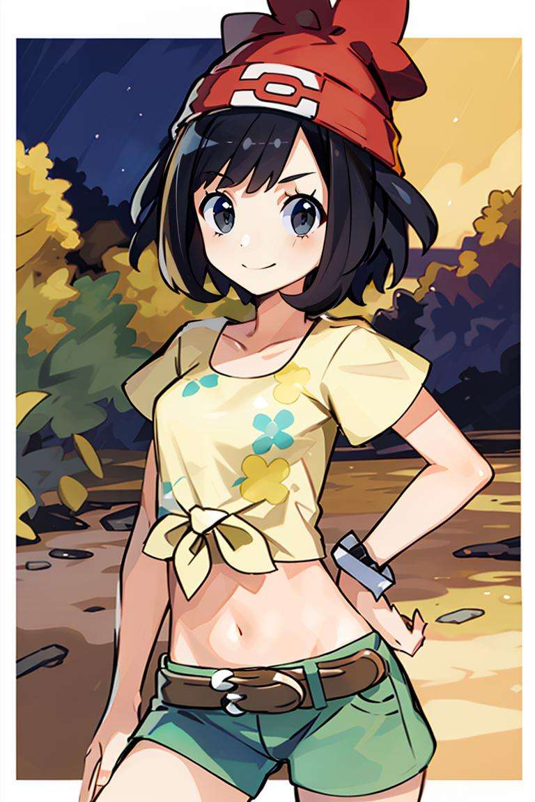 ((masterpiece,best quality)), absurdres,  <lora:selene_(pokemon)_v1:0.7>,  selene \(pokemon\), solo, grey eyes, black hair, green shorts, red headwear, beanie, shirt, tied shirt, floral print, short hair, short sleeves, short shorts, striped, yellow shirt, belt, midriff,  solo, smiling, looking at viewer, cowboy shot,  cinematic composition, contrapposto, 
