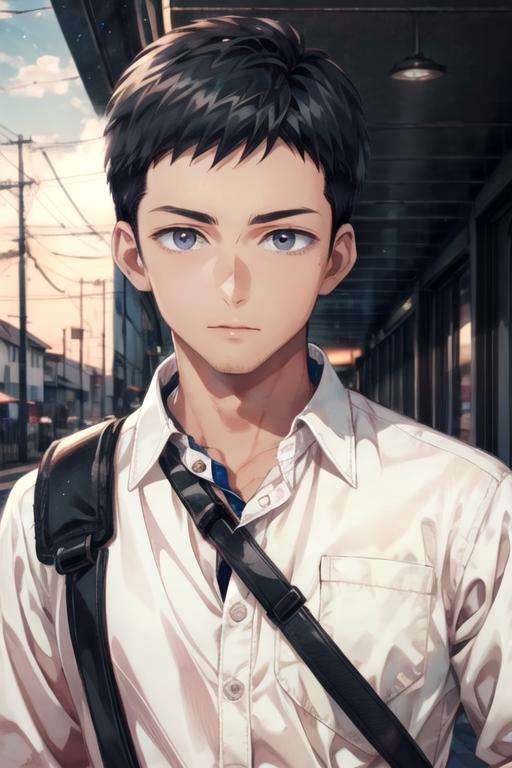 masterpiece, best quality, , 1boy, solo, male focus, looking at viewer, upper body, depth of field, ligne claire, , <lora:junta_hayami:0.72>, junta_hayami, black hair, grey eyes, button-up shirt, , dieselpunk,