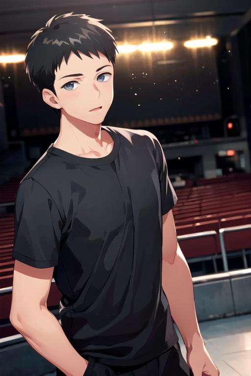 masterpiece, best quality, game cg, 1boy, solo, male focus, looking at viewer, , depth of field, , realistic, <lora:junta_hayami:0.68>, junta_hayami, black hair, grey eyes, short hair, athletic wear, , movie theater,