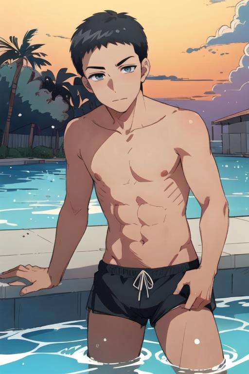 masterpiece, best quality, sketch, 1boy, solo, male focus, looking at viewer, , , anime coloring, , <lora:junta_hayami:0.70>, junta_hayami, black hair, grey eyes, swim trunks, , ,