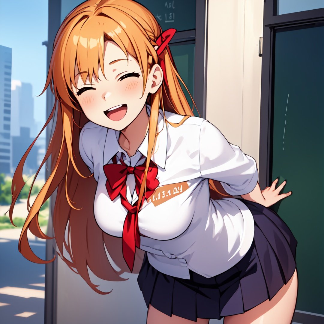 high_school_girl, SAM YANG, school_uniforms, Happy  face  , disheveled, bag, aaasuna, sexy, school, wating for you come home, Entrance, happy to see you, want to hug, smile, open mouth, arms behind back, leaning forward,anime