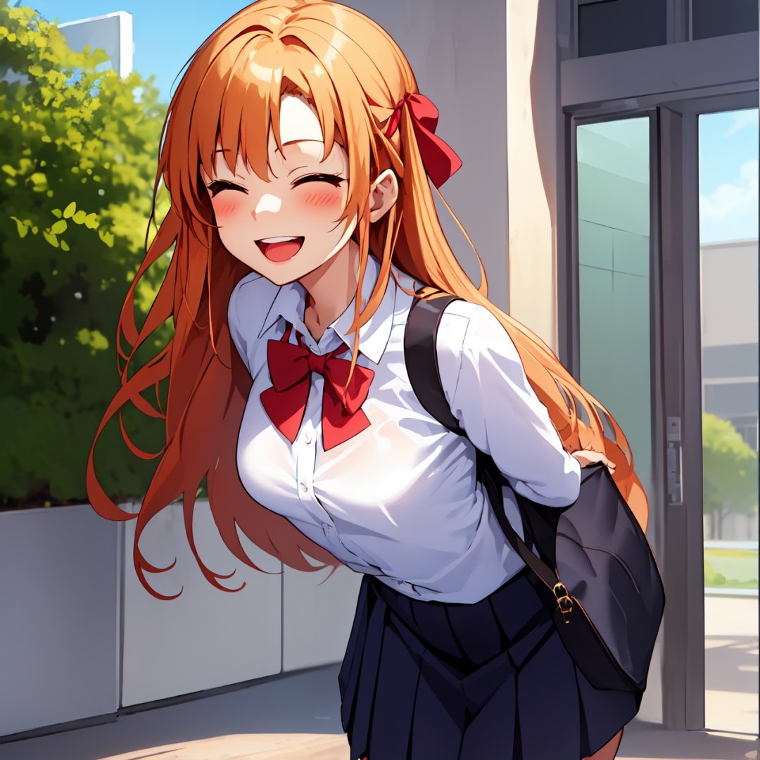 high_school_girl, SAM YANG, school_uniforms, Happy  face  , disheveled, bag, aaasuna, sexy, school, wating for you come home, Entrance, happy to see you, want to hug, smile, open mouth, arms behind back, leaning forward,anime