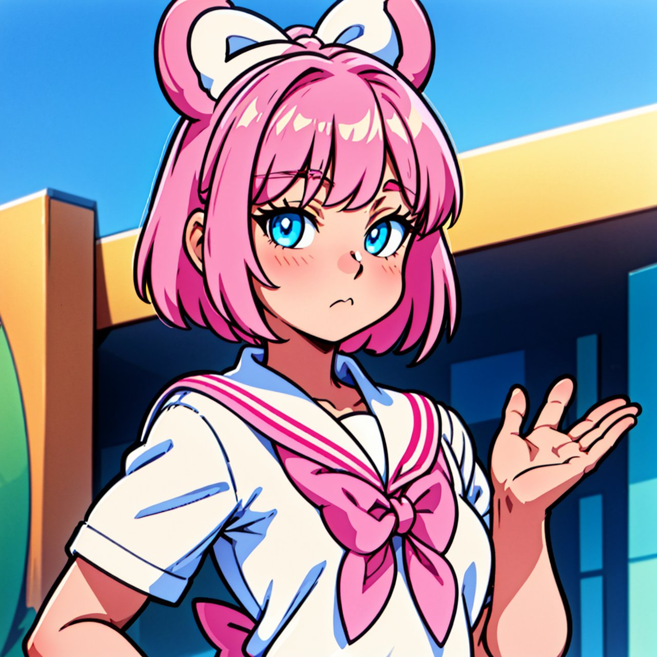 skistyle, 1girl, solo, pink hair, animal ears, blue eyes, wings, looking at viewer, bangs, short hair, bow, sailor collar, white sailor collar, hair bow, pink bow, closed mouth, shirt, white shirt, bear ears, bob cut, mini wings, portrait, detached wings, makeup, upper body, city in background,