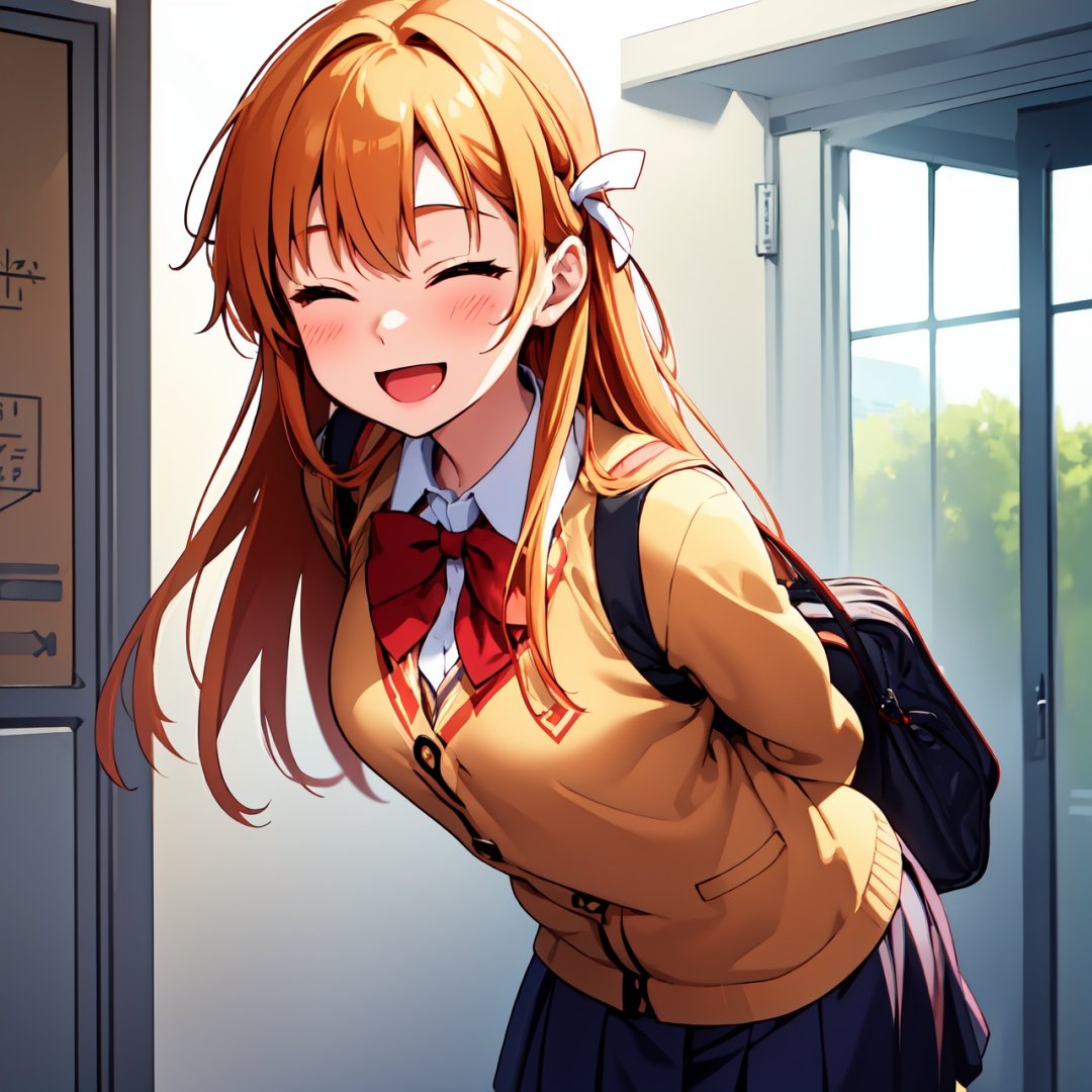 high_school_girl, SAM YANG, school_uniforms, Happy  face  , disheveled, bag, aaasuna, sexy, school, wating for you come home, Entrance, happy to see you, want to hug, smile, open mouth, arms behind back, leaning forward,anime
