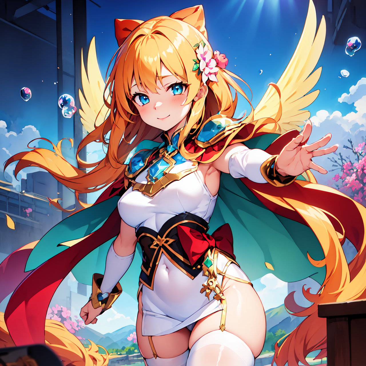 masterpiece, {{{best quality}}}, (illustration)), {{{extremely detailed CG unity 8k wallpaper}}}, game_cg, (({{1girl}})), {solo}, (beautiful detailed eyes), ((shine eyes)), goddess, fluffy hair, messy_hair, ribbons, hair_bow, {flowing hair}, (glossy hair), (Silky hair), ((white stockings)), (((gorgeous crystal armor))), cold smile, stare, cape, (((crystal wings))), ((grand feathers)), ((altocumulus)), (clear_sky), (snow mountain), ((flowery flowers)), {(flowery bubbles)}, {{cloud map plane}}, ({(crystal)}), crystal poppies, ({lacy}) ({{misty}}), (posing sketch), (Brilliant light), cinematic lighting, ((thick_coating)), (glass tint), (watercolor), (Ambient light), long_focus, (Colorful blisters), ukiyoe styl