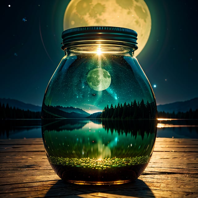 a colossal bottle which contained a majectic lake , very high quality and Very detailed scene , Octane render, Starry Sky , Dreams , Giant green Moon , Vaut of heaven , Inspiration, Imagination