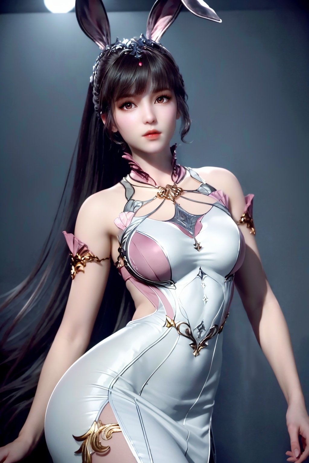 (8k, RAW photo, best quality, masterpiece:1.2),(super realistic, photo-realistic:1.3),ultra-detailed,extremely detailed cg 8k wallpaper,hatching (texture),skin gloss,light persona,(crystalstexture skin:1.2),(extremely delicate and beautiful),moonlight,1girl,solo,very long hair,rabbit ears,animal ears,bare shoulders,pink_dress,white_dress,long dress,red_eyes,white pantyhose,xwhd,looking at viewer,<lora:1030xw:0.8>,