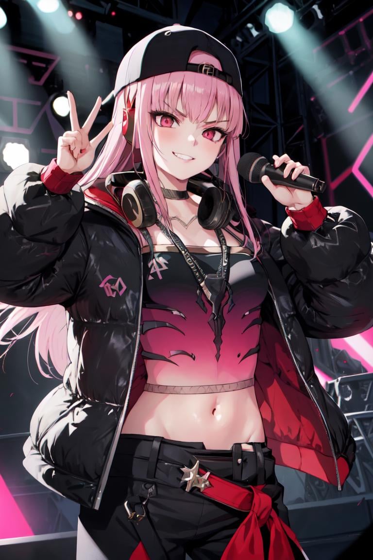 masterpiece, best quality, absurdres, perfect anatomy, 1girl, solo, MoriUnderworldOrder, long hair, backwards hat, headphones around neck, black jacket, red tube top, midriff, black pants, smirk, on stage, holding microphone, showlights, audience, <lora:MoriCalliope:1>