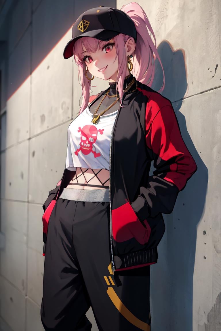 masterpiece, best quality, absurdres, perfect anatomy, 1girl, solo, MoriStreetwear, long hair, ponytail, baseball cap, necklace, hoop earrings, open track suit, track pants, white halter shirt, skull print, midriff, against wall, leaning, hands in pockets, smile, <lora:MoriCalliope:1>