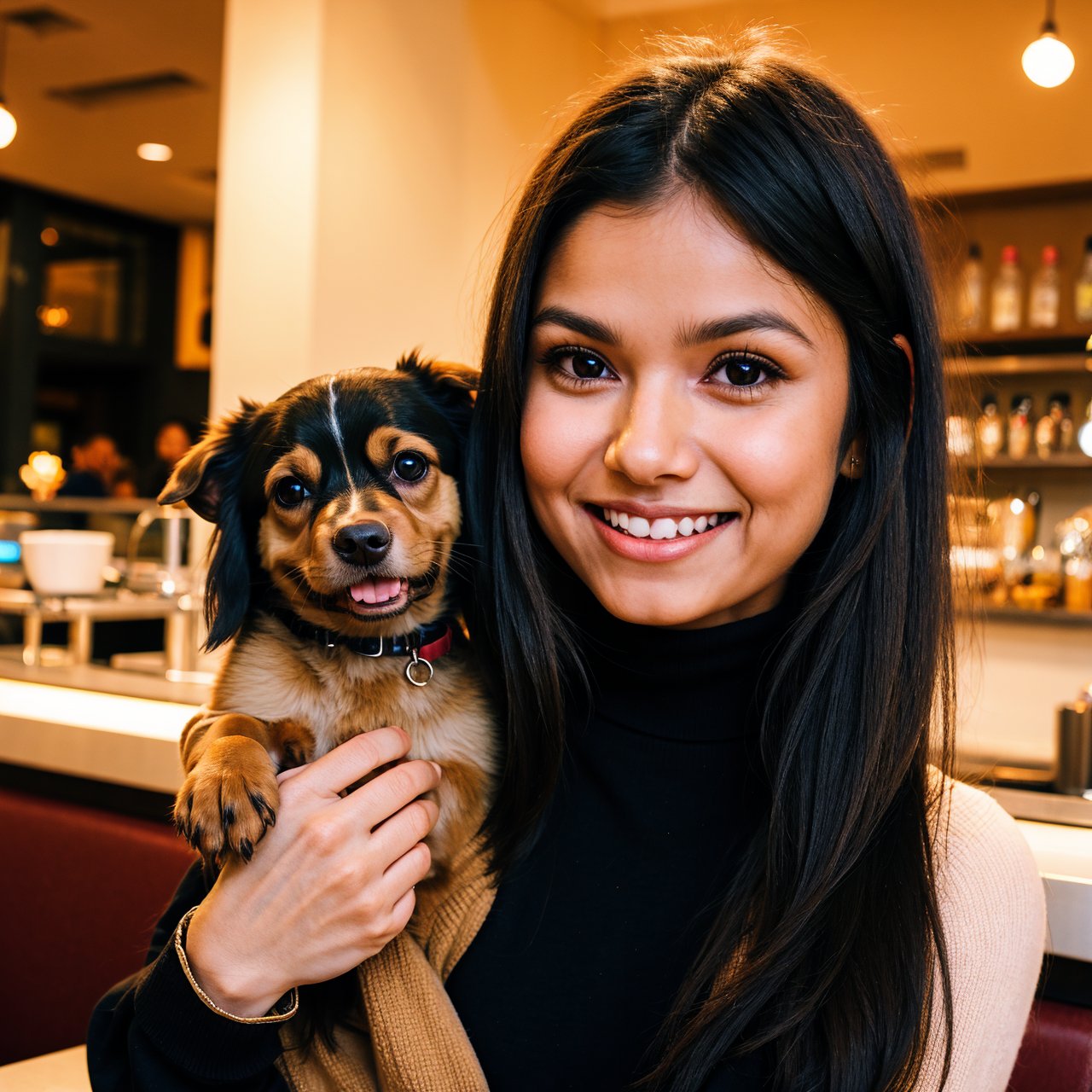 Cute black long straight hair brown eyes round face girl wearing brown sweater sitting in café drinking coffee, sunset, toothy smile without bangs, holding a poodle puppy in her arms