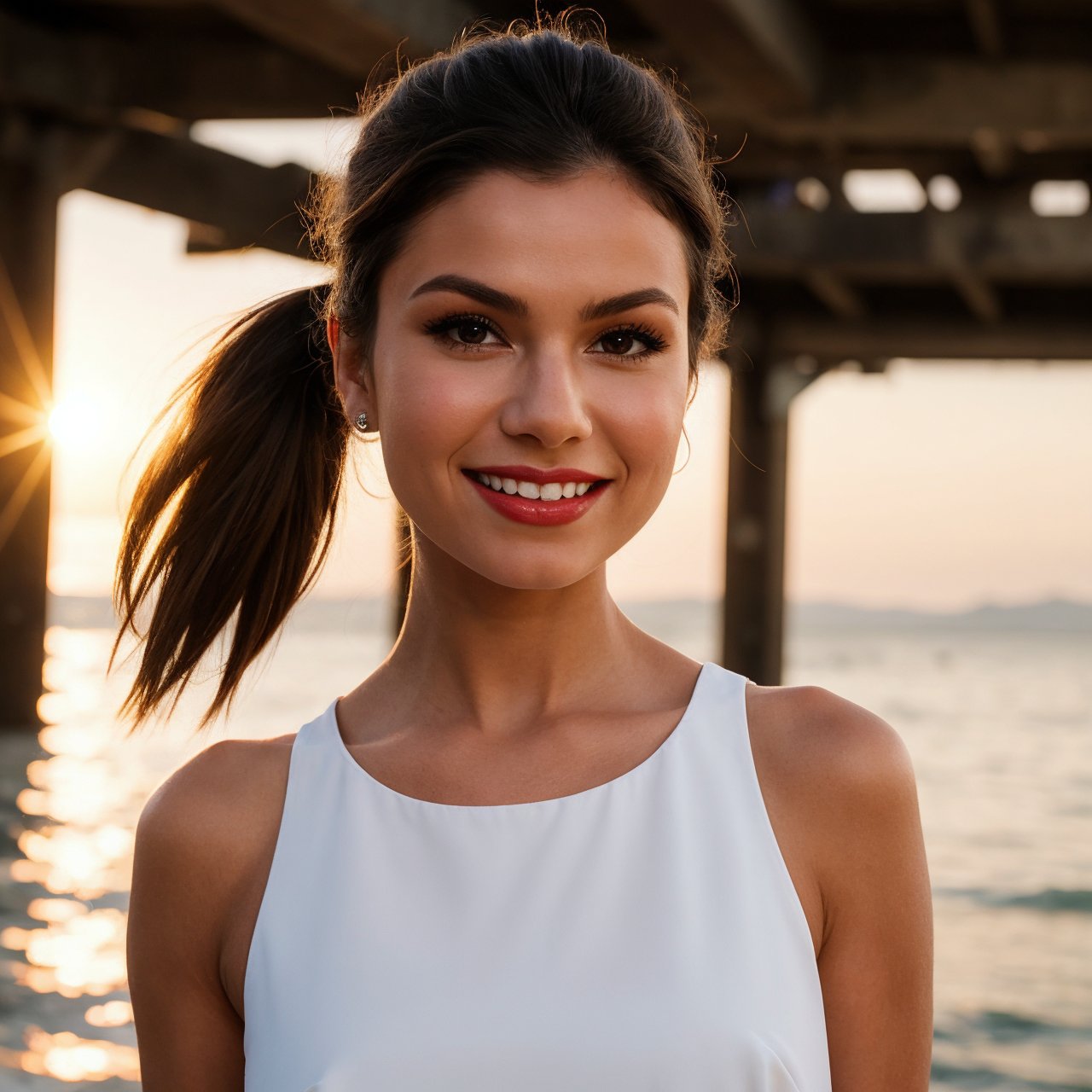 masterpiece, best quality, 1girl, , solo, , fashi-girl, , mature girl, , , cute, sweet, , long brown hair, , ponytail hair, , , brown eyes, , closed mouth, , red lips, , , face brushed by the wind, , , white dress, , medium breasts, (sunset background), Masterpiece, girl smile,Masterpiece,gilr,woman,realistic