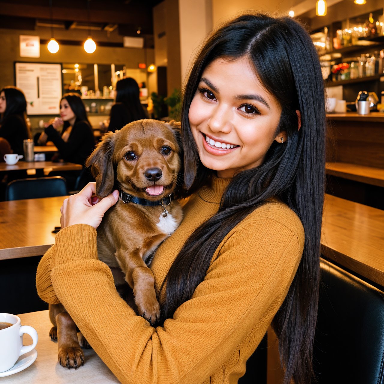 Cute black long straight hair brown eyes round face girl wearing brown sweater sitting in café drinking coffee, sunset, toothy smile without bangs, holding a poodle puppy in her arms