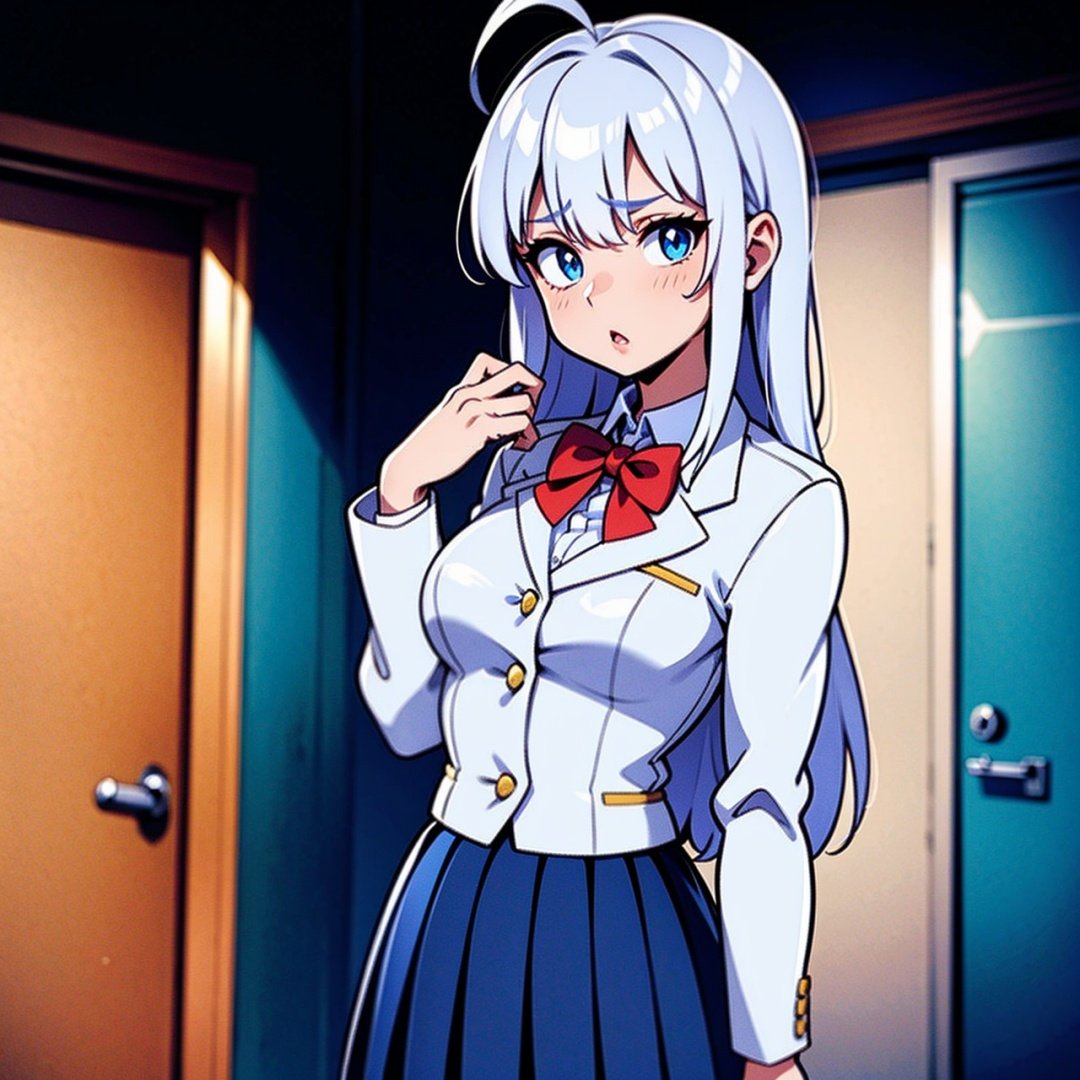 Arya, 1girl, solo, long hair, blue eyes, ahoge, bow, looking at viewer, red bow, jacket, bowtie, long sleeves, breasts, shirt, open jacket, red bowtie, door, cowboy shot, collared shirt, indoors, school uniform, white hair, standing, open clothes, skirt, bangs, dress, grey jacket, black dress, blush, pleated skirt, parted lips, medium breasts, pleated dress, white shirt, hair between eyes, white jacket, hand up, blazer, black skirt, thighs, open door, hallway,girl,ANIME