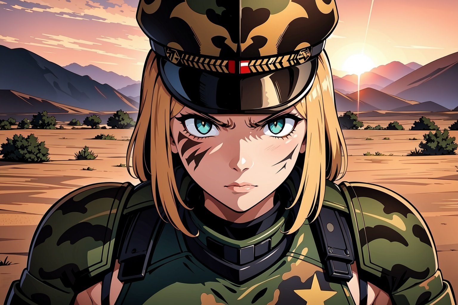 best quality,ultra-detailed,portraits,gritty,desert camouflage,serious expression,harsh lighting,steely gaze,thousand-yard stare,detailed insignia,confident posture,military cap,combat boots,camouflaged face paint,dust and debris,fading sunset colors,weathered armor,scars,smoke and gunfire,battlefield chaos.