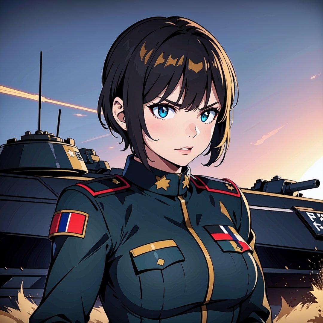 (military black uniform Germany,girl,armored commander),detailed eyes, detailed lips, intense gaze, confident expression, strong posture, military background, tank, rugged terrain, dust and smoke, dynamic action, realistic rendering, high quality, vivid colors, dramatic lighting