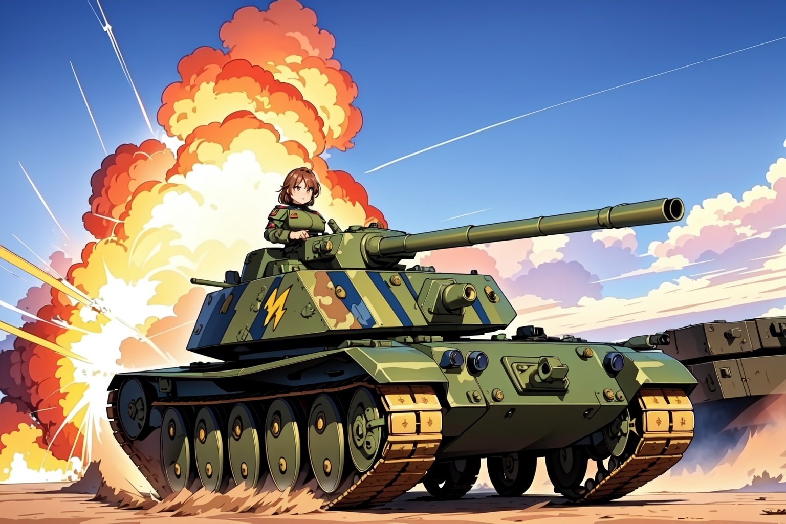 best quality,4k,8k,highres,masterpiece:1.2,ultra-detailed,realistic:1.37,A girl in a military blue uniform,standing next to a tank,military equipment,vibrant colors,strong sunlight,huge tank,glimmering metal surface,tall,confident stance,fierce expression,sharp shadows,dusty environment,clouds of smoke,explosions in the background,adventure,action-packed atmosphere,dynamic composition,powerful visual impact,camouflage pattern,sturdy structure,impressive machinery,intense energy,industrial backdrop