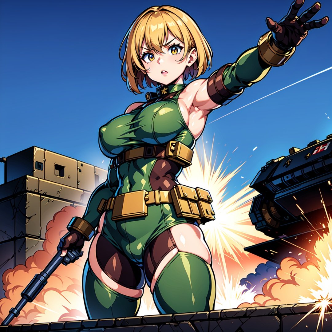 best quality,4k,8k,highres,masterpiece:1.2,ultra-detailed,realistic:1.37,A girl in a military blue uniform,standing next to a tank,military equipment,vibrant colors,strong sunlight,huge tank,glimmering metal surface,tall,confident stance,fierce expression,sharp shadows,dusty environment,clouds of smoke,explosions in the background,adventure,action-packed atmosphere,dynamic composition,powerful visual impact,camouflage pattern,sturdy structure,impressive machinery,intense energy,industrial backdrop