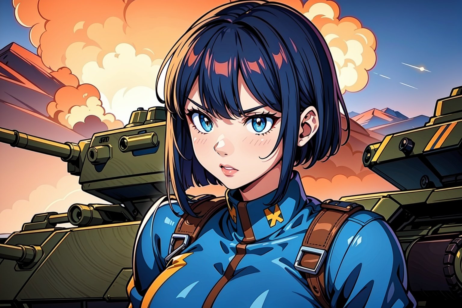 A girl in a military blue uniform standing next to a tank, with beautiful detailed eyes, lips, and face. The girl has long eyelashes and exudes a confident expression. The tank is portrayed in ultra-fine painting technique, giving it a realistic and photorealistic appearance. The girl stands in a dynamic pose, commanding attention and showcasing her strength. The background consists of a war-torn landscape with thick smoke and debris, adding to the intensity of the scene. The color palette is dominated by shades of military blue and gray, with contrasting pops of orange and red for added visual impact. The lighting is dramatic, casting shadows that enhance the overall atmosphere. The resulting image is of the highest quality, with ultra-detailed textures and sharp focus. It captures the essence of a powerful female protagonist in a military setting, evoking a sense of strength, determination, and resilience.,girl,women