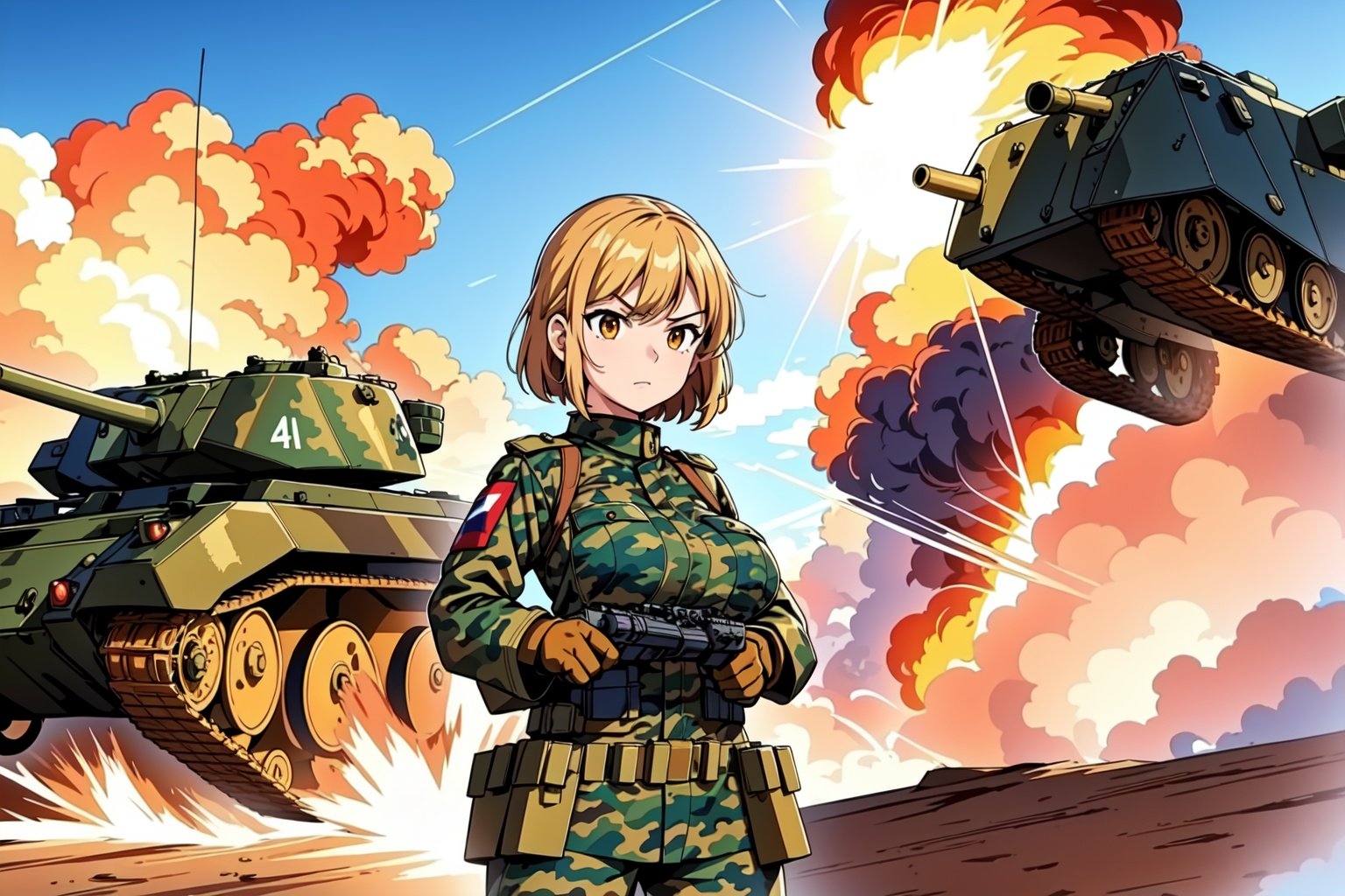 best quality,4k,8k,highres,masterpiece:1.2,ultra-detailed,realistic:1.37,A girl in a military blue uniform,standing next to a tank,military equipment,vibrant colors,strong sunlight,huge tank,glimmering metal surface,tall,confident stance,fierce expression,sharp shadows,dusty environment,clouds of smoke,explosions in the background,adventure,action-packed atmosphere,dynamic composition,powerful visual impact,camouflage pattern,sturdy structure,impressive machinery,intense energy,industrial backdrop