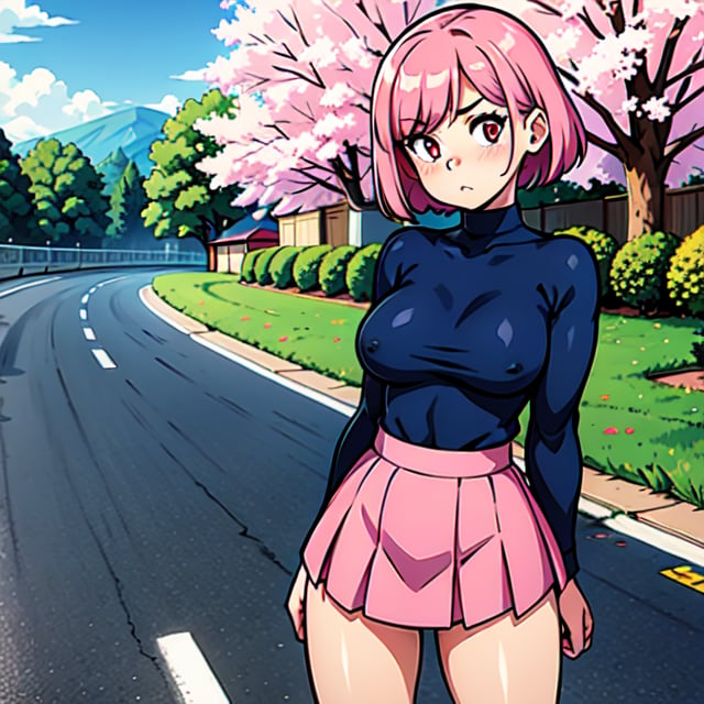 masterpiece, best quality, ultra-detailed, illustration, wide angle, 1girl stand in the middle of road, solo, road in the middle and pink cherry trees on roadside, full body, 20 yo, pink hair, sweater, short skirt, fashion,, composition, balance, harmony, rhythm, color, light, shadow, reflection, refraction, tone, contrast, foreground, middle ground, background, naturalistic, figurative, representational.