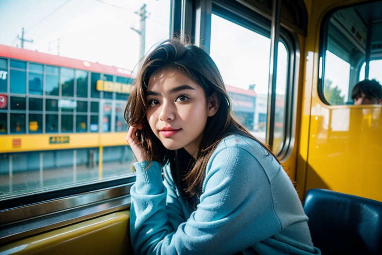 Editorial Photography of a strong famale cosmonaut ((19 year old)) sitting in front of a train window to space, looking at camera, back to viewer, realistic skin, Photojournalism, retrofuturism, Kodak Ektar, Depth of Field, F/1.8, 4k, volumetric, vignette