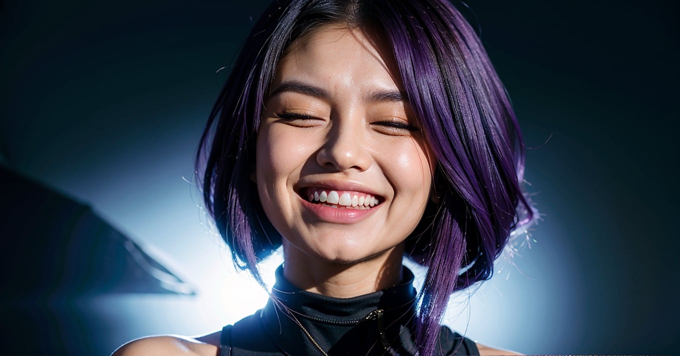 raiden shougn, purple hair, closed eyes, a girl laughing, open mouth, with an black background, portrait