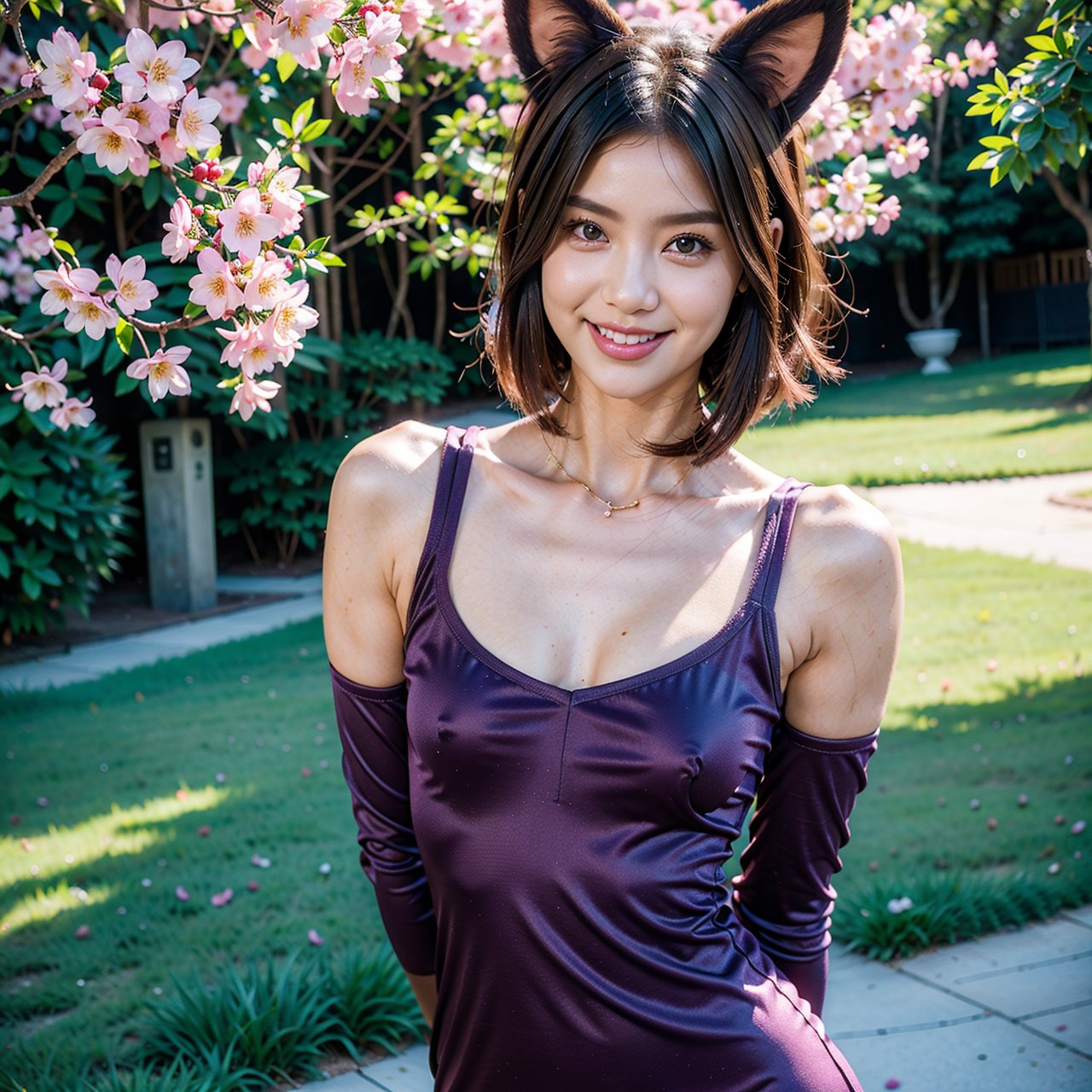 1girl, realistic, (looking at viewer:1), (ulzzang-6500:0.66), thighs, bare legs, dappled sunlight, best quality, ultra high res, (photorealistic:1.4), YaeMiko, fox ears, short hair, pink hair, yae_sakura, jewelry, cherry blossoms, (smile:1), bare_shoulders, hair_ornament, purple_eyes, , detached_sleeves, , detailed eyes,, (light smile:1), , (small breasts:1.4), , (bare upper body:1.4), , (puffy nipples:1),, arms behind back,