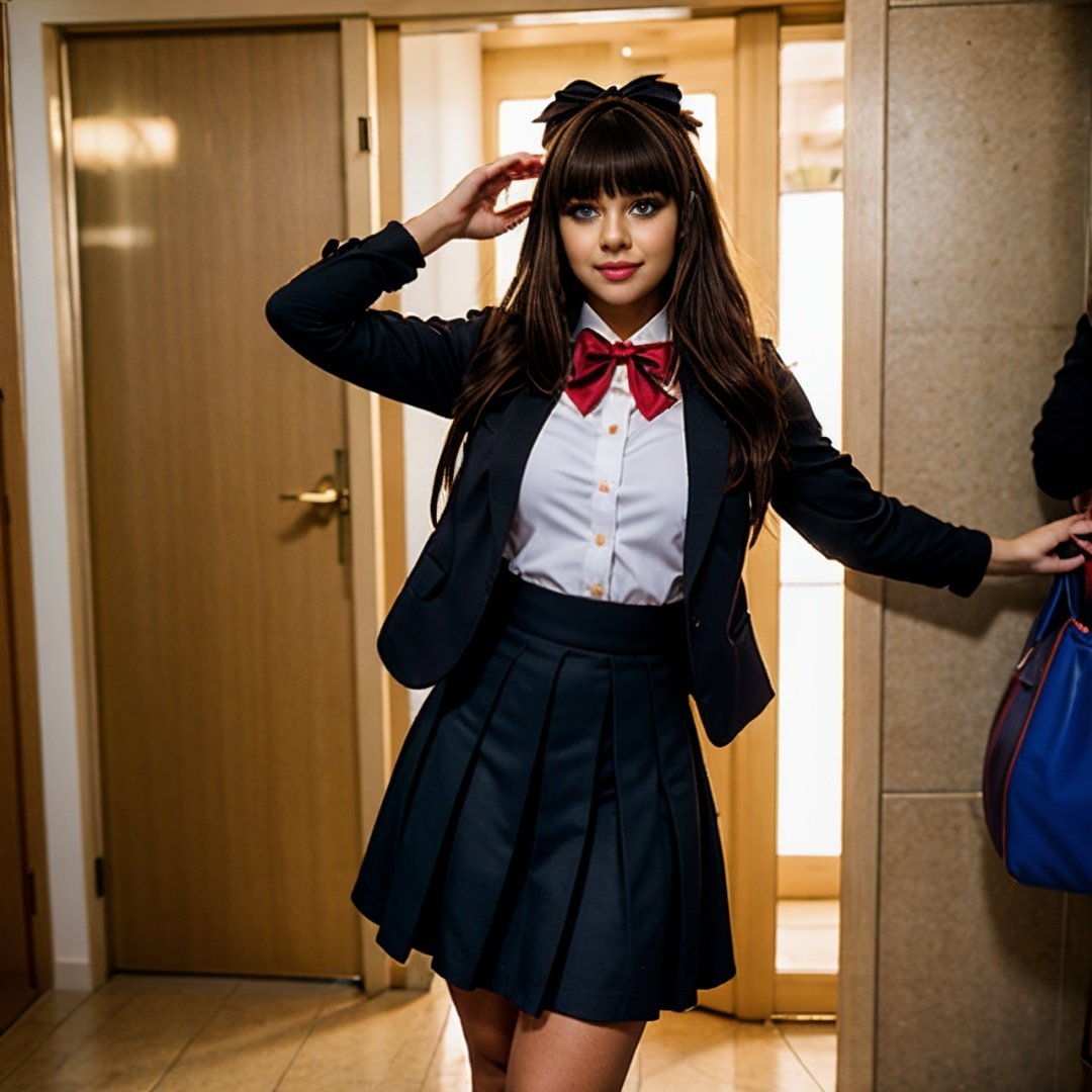 Arya, 1girl, solo, long hair, blue eyes, ahoge, bow, looking at viewer, red bow, jacket, bowtie, long sleeves, breasts, shirt, open jacket, red bowtie, door, cowboy shot, collared shirt, indoors, school uniform, white hair, standing, open clothes, skirt, bangs, dress, grey jacket, black dress, blush, pleated skirt, parted lips, medium breasts, pleated dress, white shirt, hair between eyes, white jacket, hand up, blazer, black skirt, thighs, open door, hallway