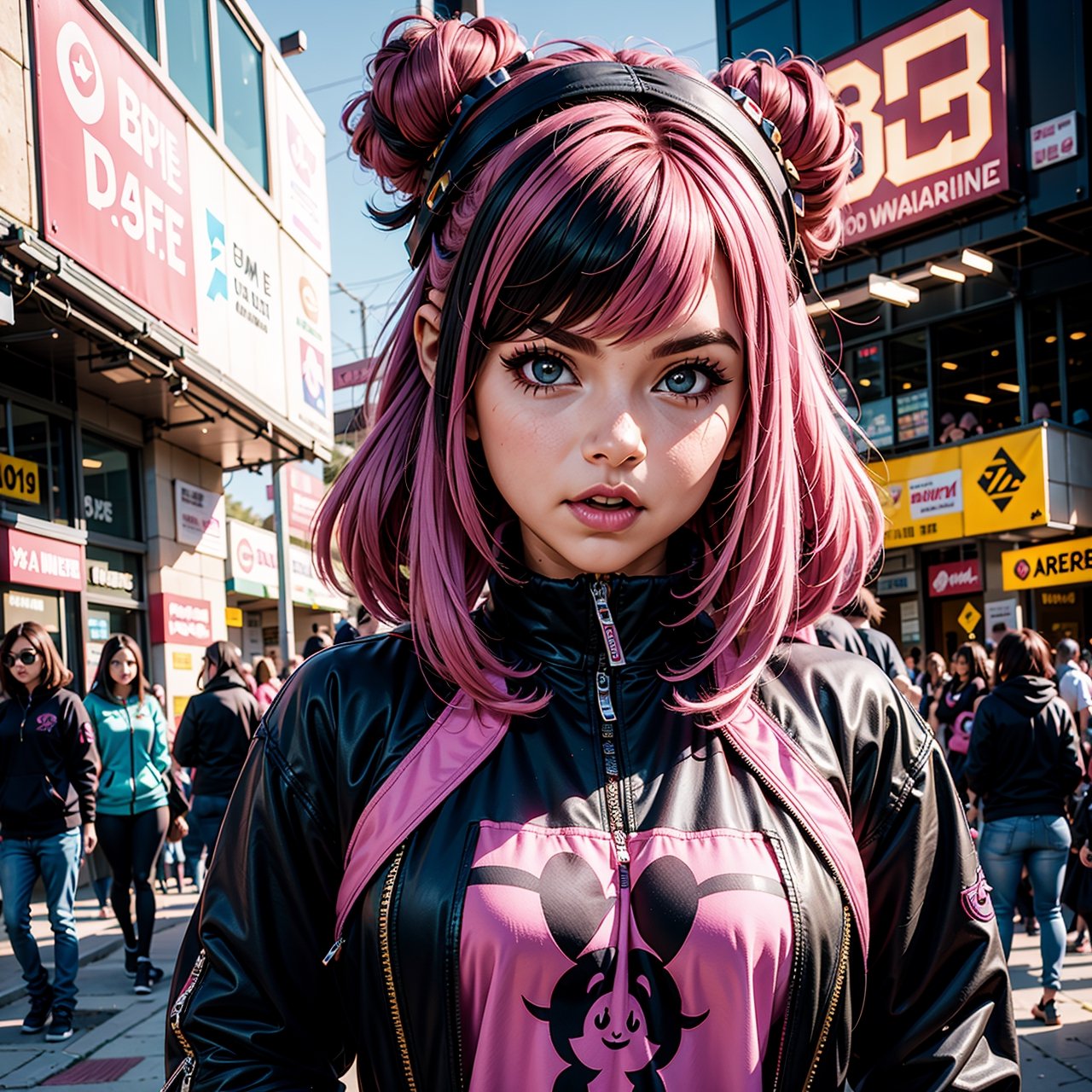 araffe girl with pink hair and a crown on her head, dressed in punk clothing, dressed in crustpunk clothing, anime girl cosplay, cybergoth, wearing a punk outfit, kerli koiv as anime girl, 1 7 - year - old anime goth girl, belle delphine, anime cosplay, with pink hair, anime girl in real life, punk girl